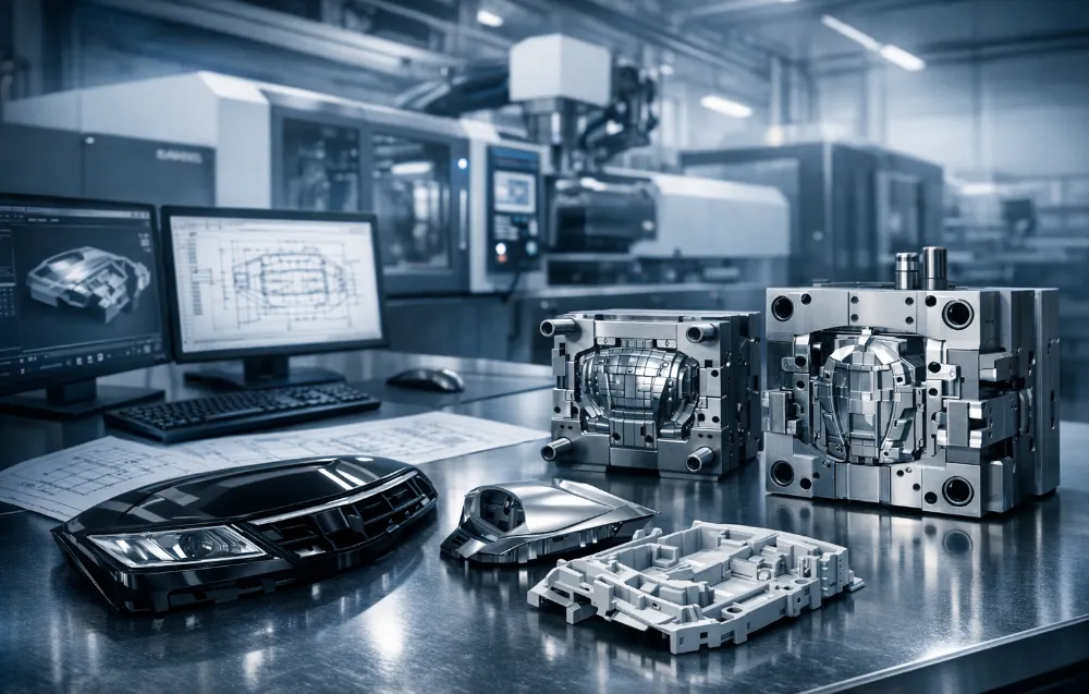 Werkhalle mit Prototypen auf dem Arbeitstisch